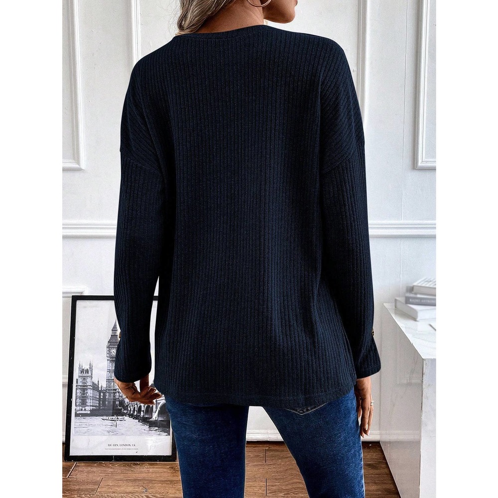 preppy Half Button Drop Shoulder ribbed Knit long sleeve Tee - Picture 10 of 11
